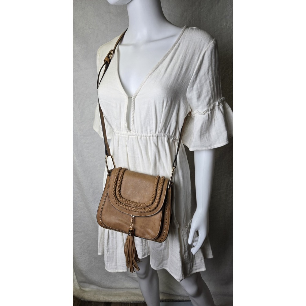 Tom Clovers tan faux leather braided tassel saddle crossbody purse bag